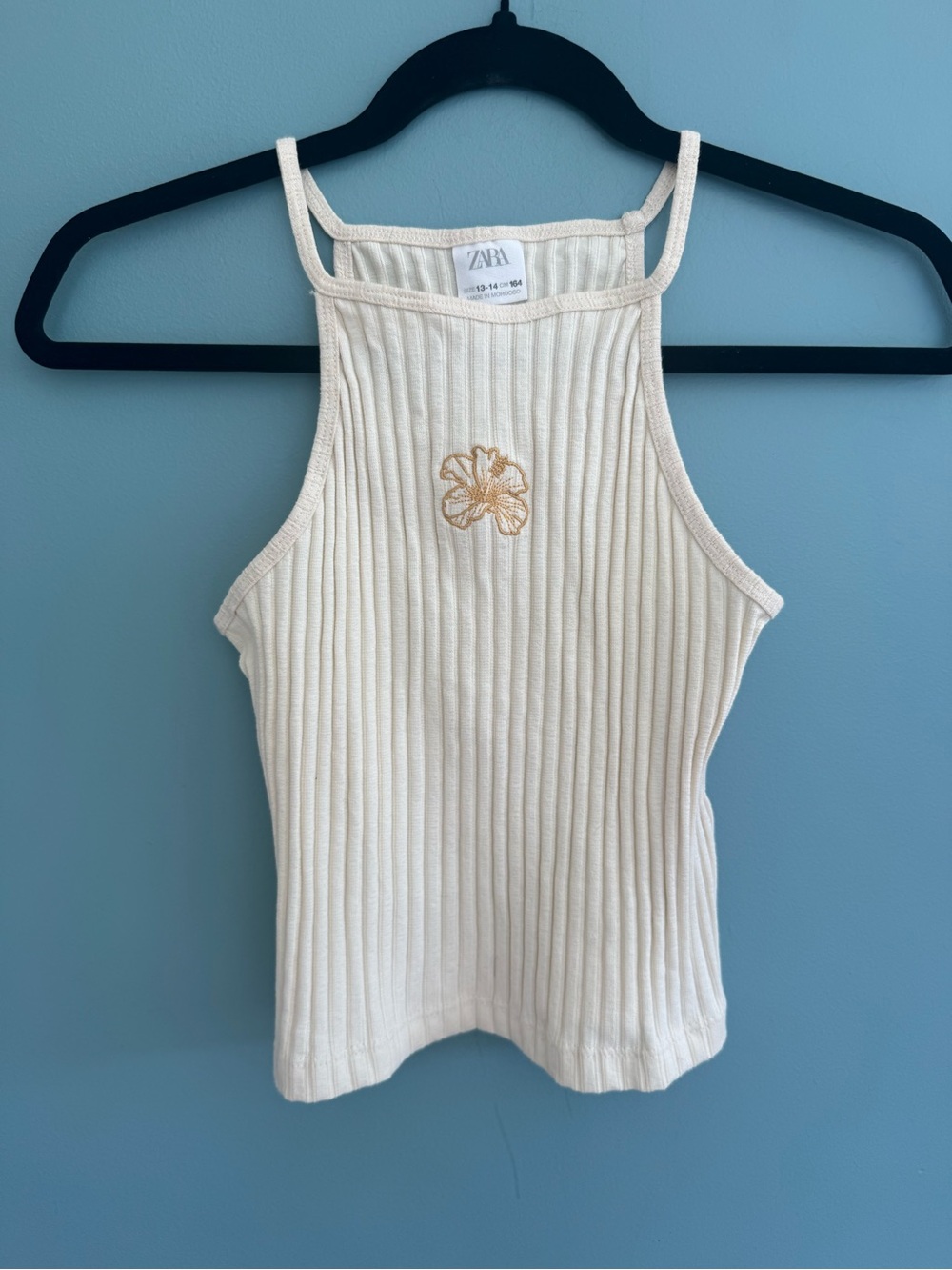 Zara Kids Cream Ribbed Halter Tank with Embroidered Flower